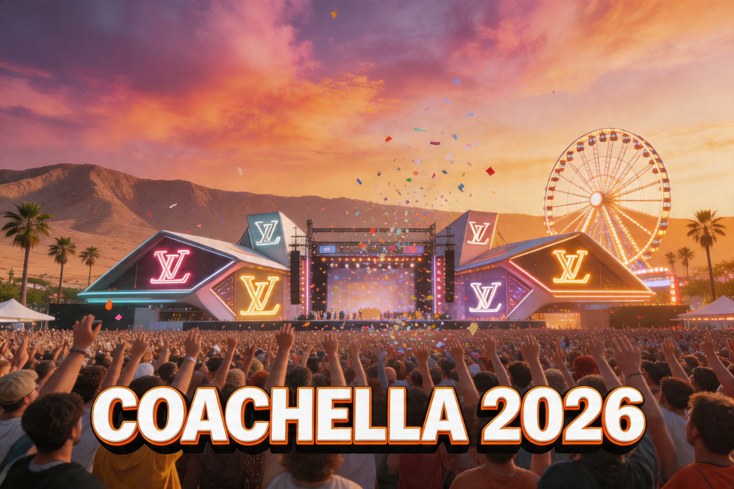 Coachella 2026 con logos de marcas de lujo en el escenario del festival
