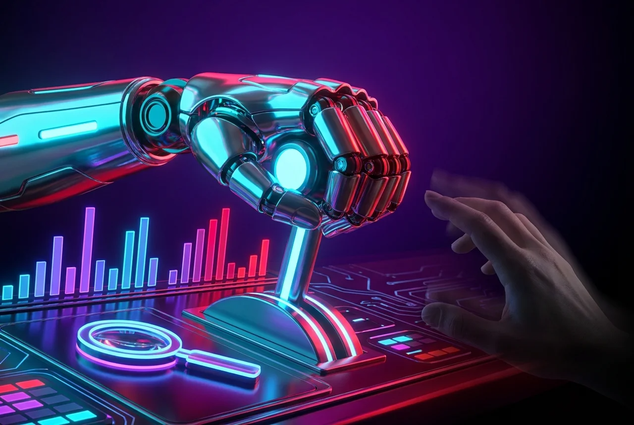 Mano robotica tomando los mandos de un panel publicitario neon mientras una mano humana queda apartada, sin alcanzar la palanca de control