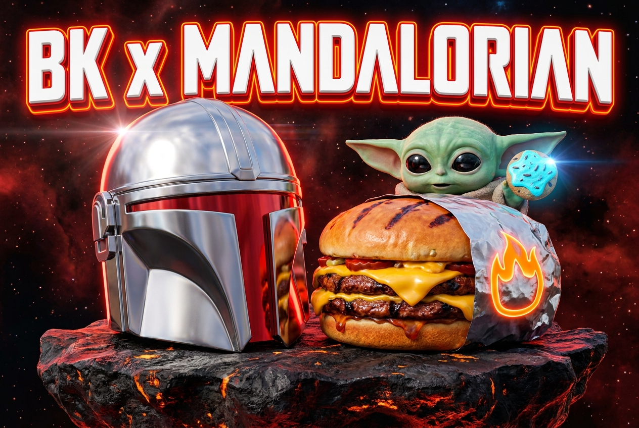 Casco mandaloriano, Whopper y Grogu en la campaña Burger King Mandalorian Grogu 2026