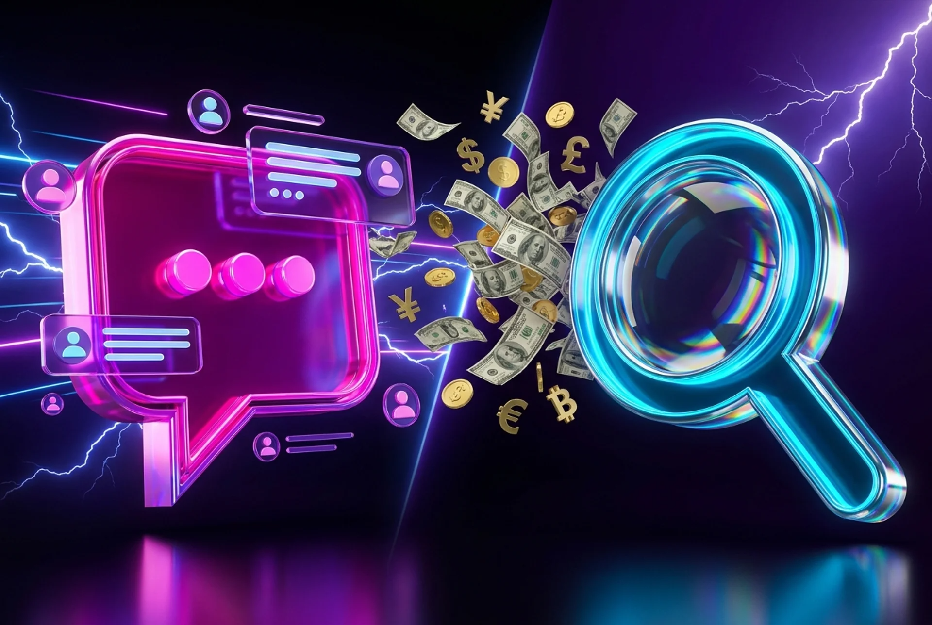 Burbuja de chat magenta y lupa cyan en tira y afloja por presupuesto publicitario digital, simbolizando la pugna entre ChatGPT Ads de OpenAI y Google