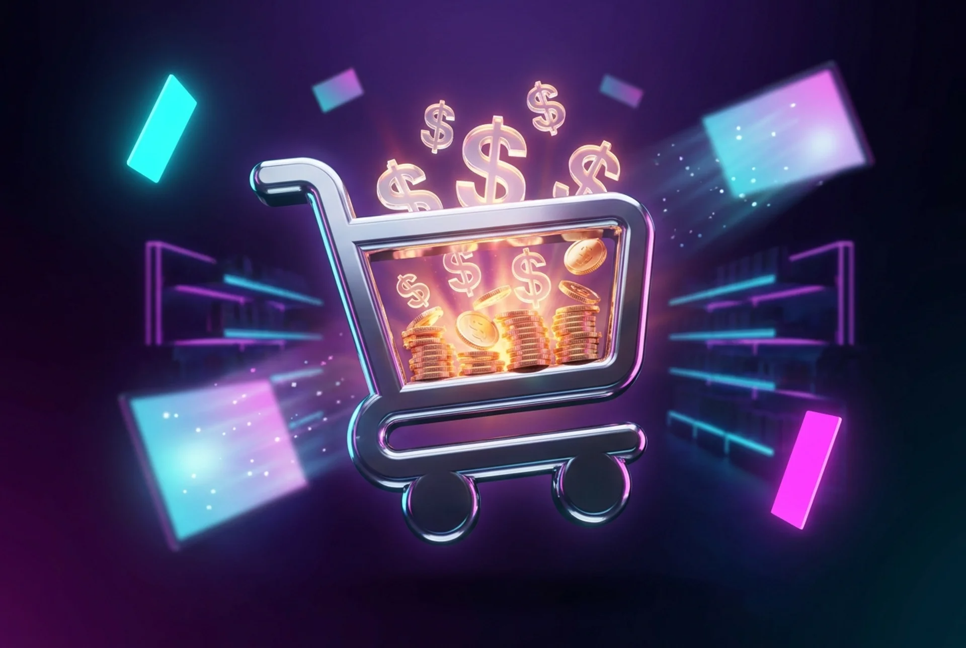 Retail media: carrito de la compra 3D con monedas y neones, ilustración TMT