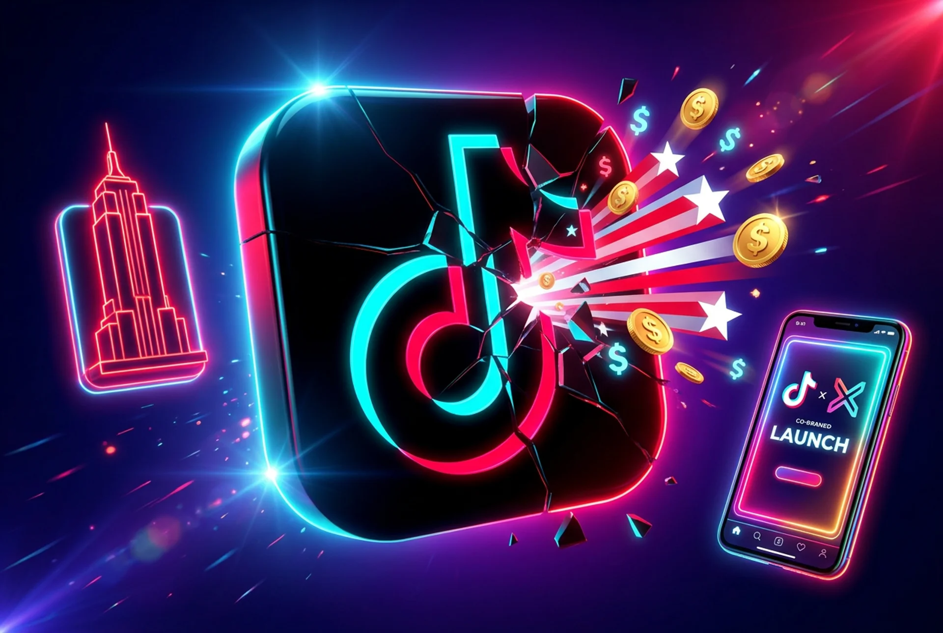 Logo de TikTok agrietado con estrellas y monedas, smartphone con co-branded Logo Takeover