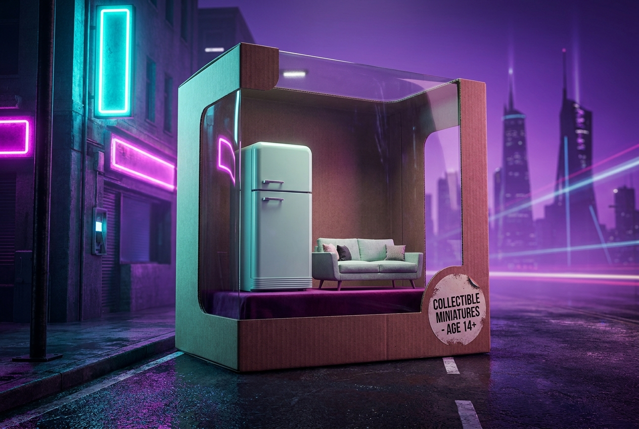 Instalacion de Argos que empaqueta un frigorifico y un sofa como juguetes gigantes en una calle