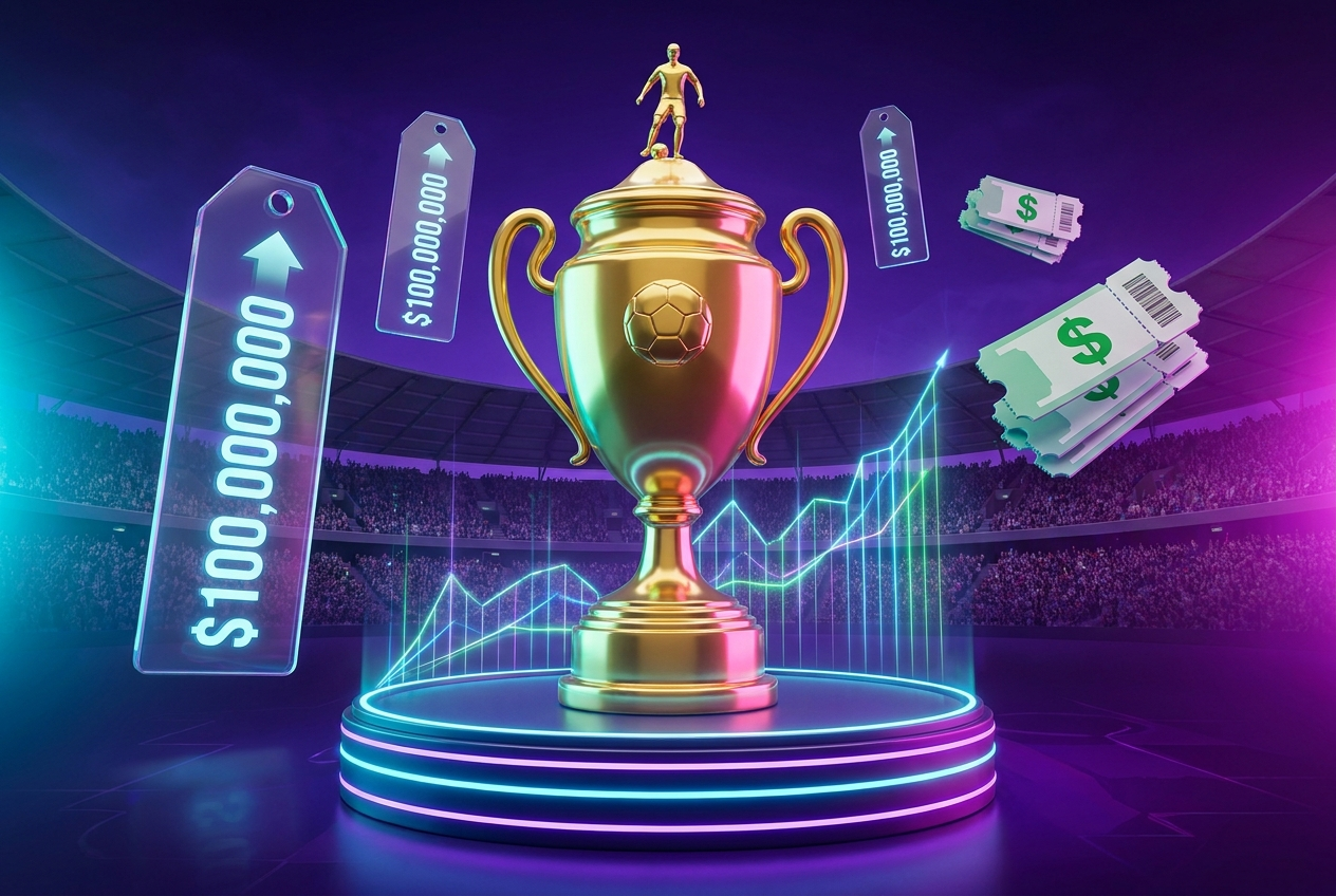 Trofeo dorado de futbol sobre pedestal con etiquetas de precio gigantes y grafica ascendente en neon, ilustracion del dynamic pricing en el Mundial 2026