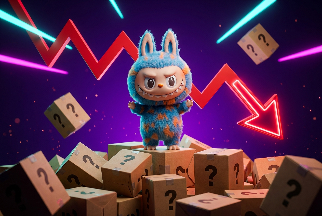 Figura coleccionable monstruo con grafico bursatil en caida, caso Labubu Pop Mart 2026