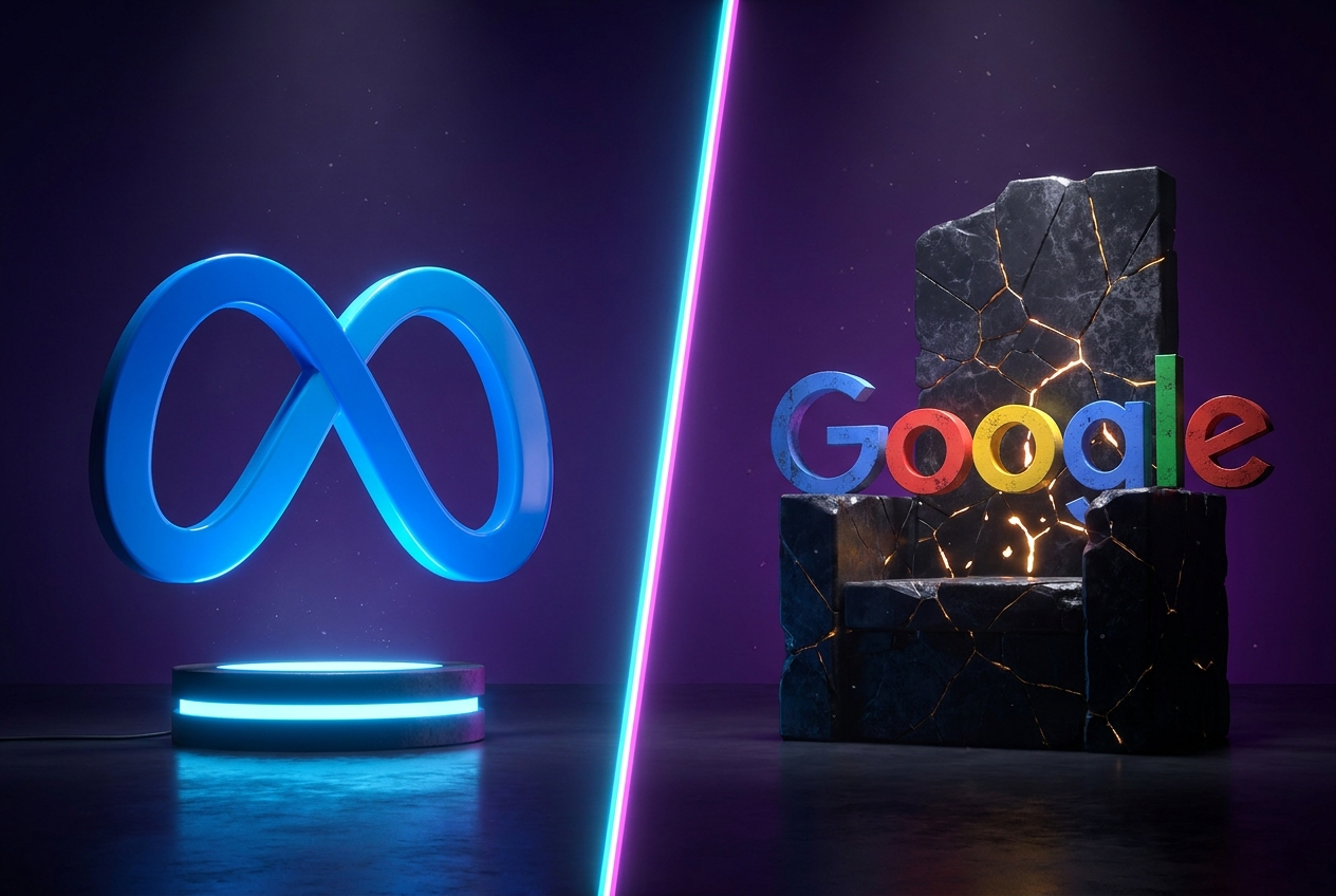 Logo de Meta ascendiendo sobre pedestal frente al logo de Google sobre un trono agrietandose, sorpasso publicitario 2026