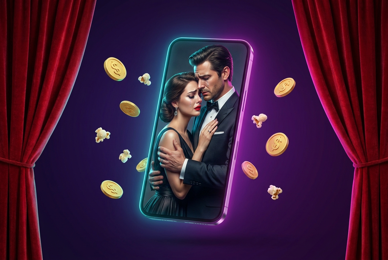 Smartphone vertical mostrando un microdrama romantico rodeado de monedas y palomitas entre cortinas de teatro