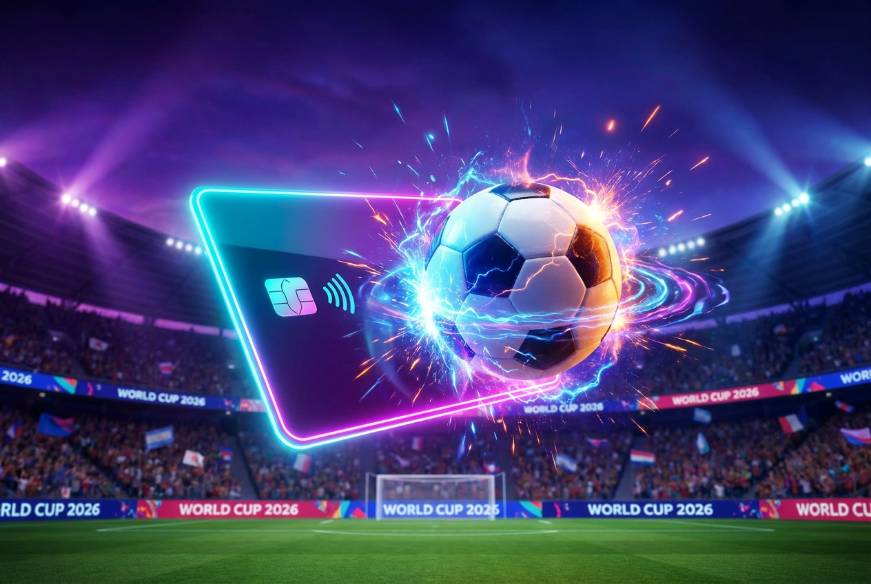 Tarjeta de pago sin contacto tocando un balon de futbol con efecto de energia, estadio del Mundial 2026 al fondo
