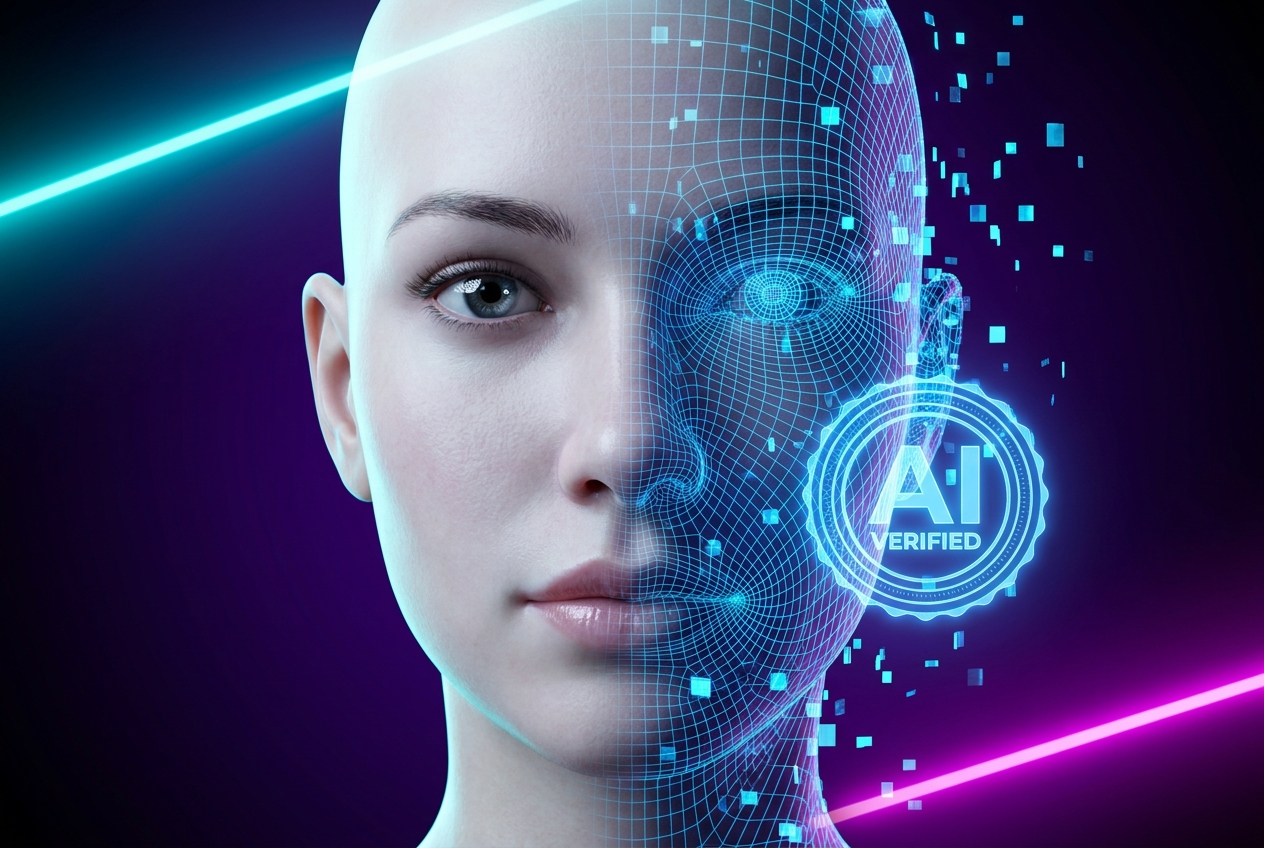 Rostro hiperrealista mitad humano mitad malla digital con un sello AI verificado, sobre la ley de Nueva York que obliga a revelar actores de IA en anuncios