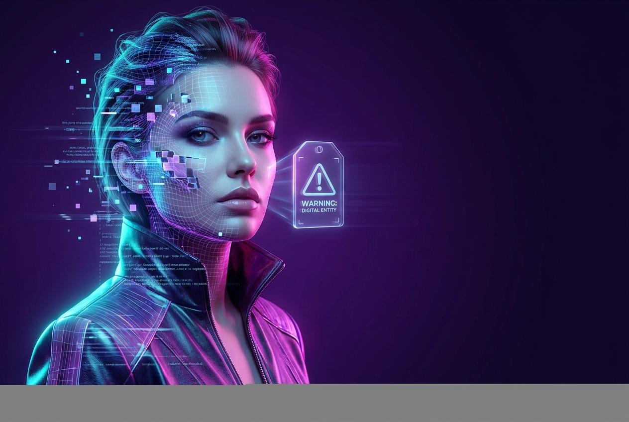 Modelo de moda generada con IA cuyo rostro se deshace en wireframe digital junto a una etiqueta de aviso, ilustrando la ley de actores sinteticos en publicidad