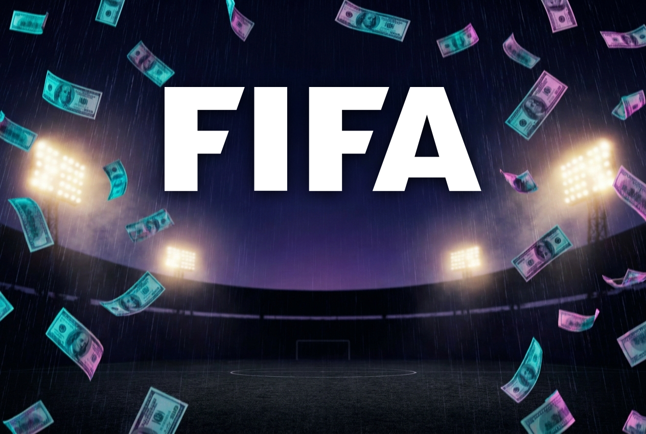 Logo de FIFA sobre un estadio nocturno con billetes cayendo, ilustración del dynamic pricing del Mundial 2026