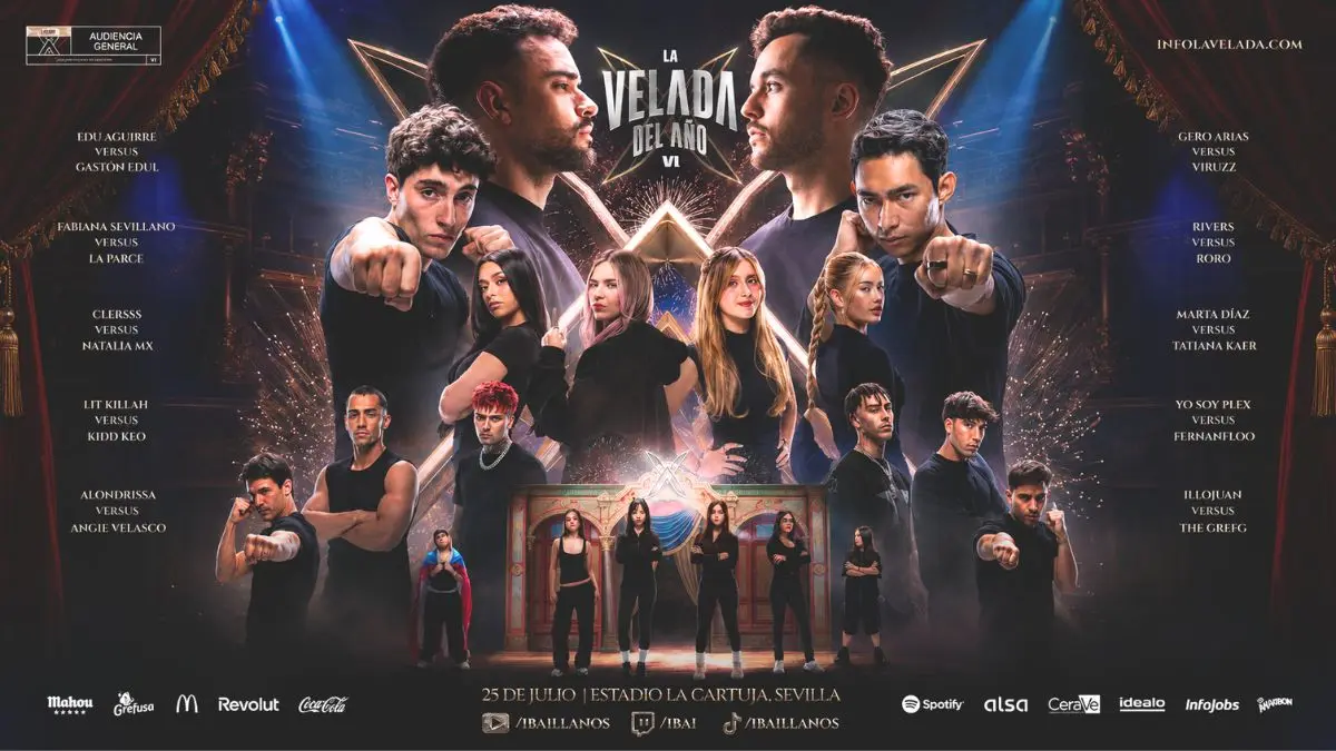 Cartel oficial de La Velada del Ano VI de Ibai Llanos con los combates y los logos de los patrocinadores