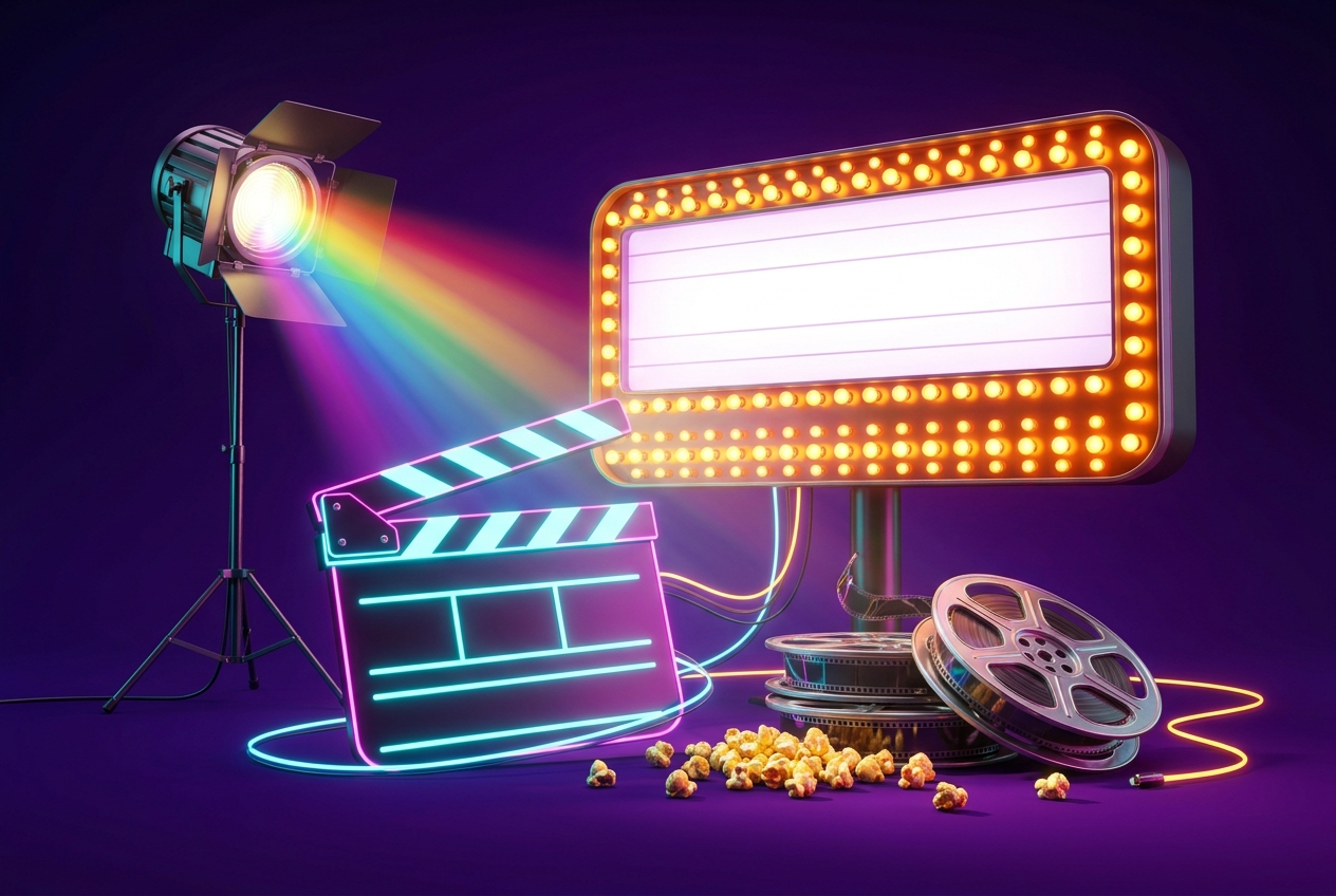 Claqueta de cine, foco y bobinas de película que representan a una marca convertida en estudio de branded entertainment