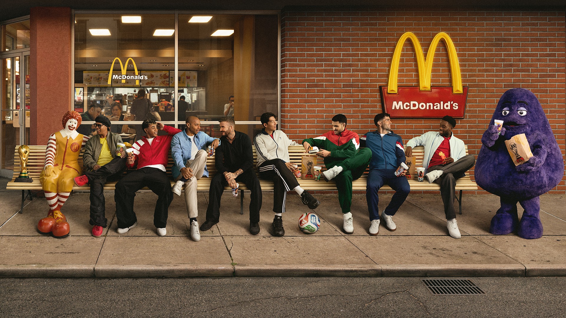Ronaldinho, David Beckham, Thierry Henry, Lamine Yamal, Son Heung-min, Pulisic, Davies y Gimenez con Ronald McDonald y Grimace en la campana mundialista de McDonalds 2026