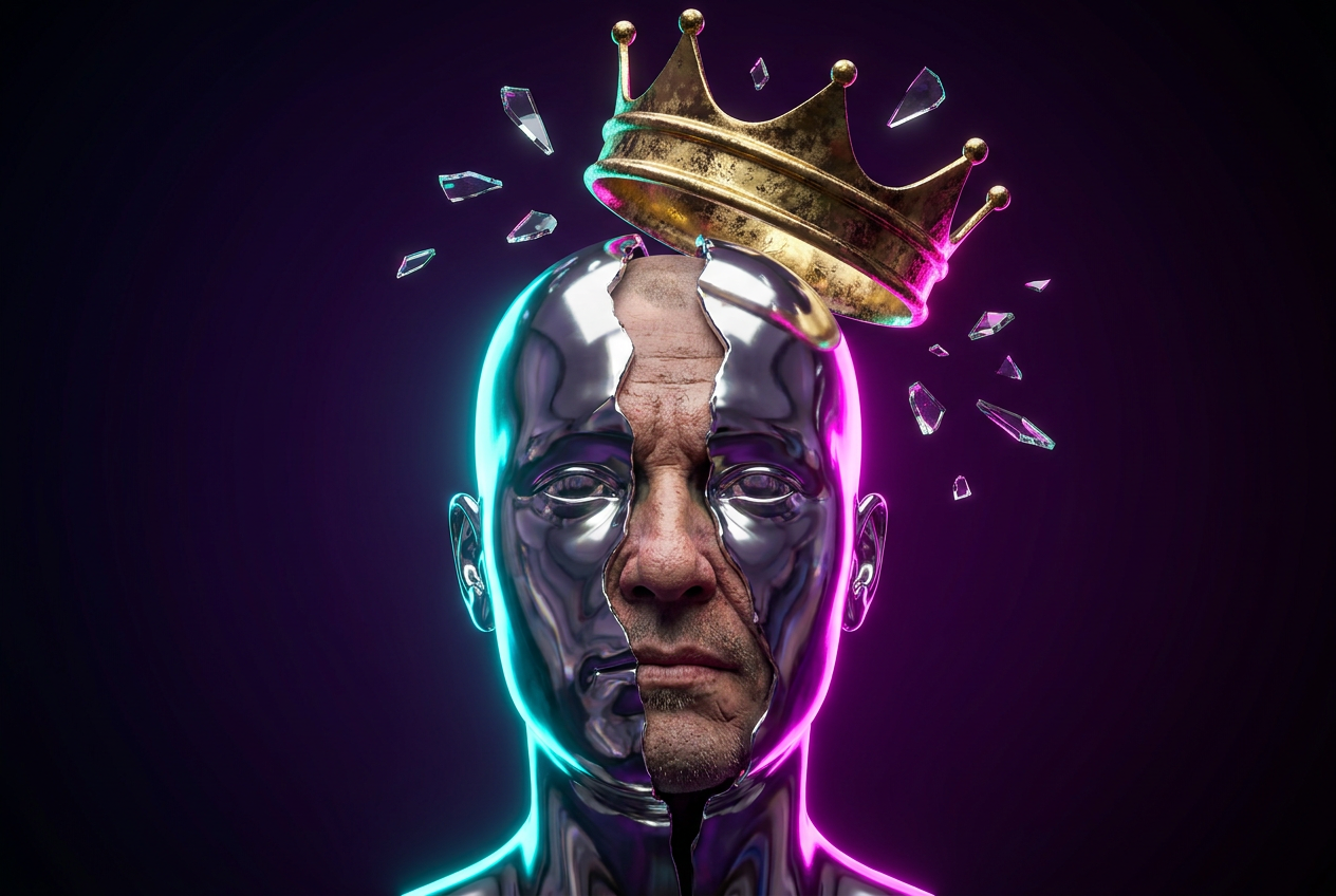 Cabeza de maniquí cromada agrietada que deja ver un rostro humano real, con una corona dorada cayendo, ilustrando la publicidad honesta