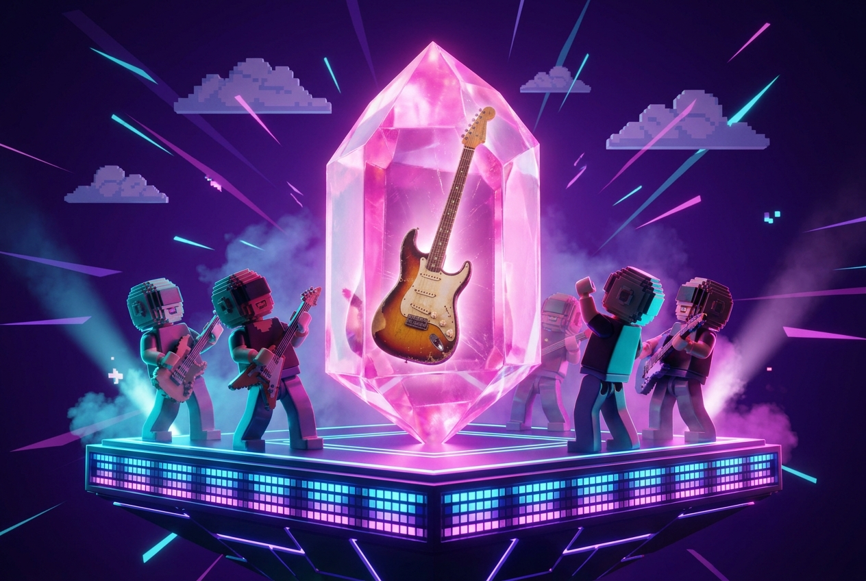 Ilustración de la activación de los Rolling Stones en Roblox: guitarra dentro de un cristal rosa rodeada de avatares de videojuego en un escenario neón