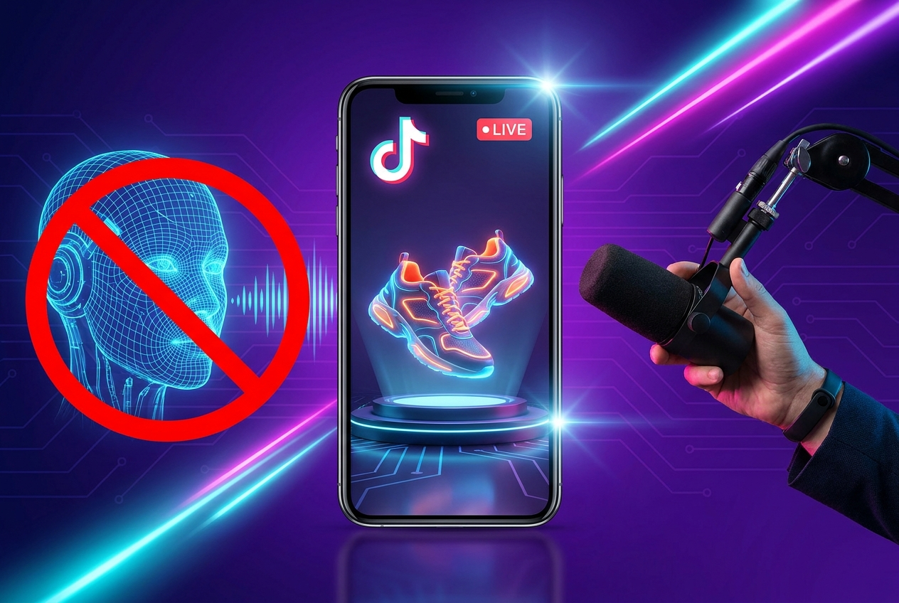 Movil con el logo de TikTok en un directo LIVE de venta, un rostro de IA tachado y una mano con microfono: TikTok veta las voces de IA en sus directos
