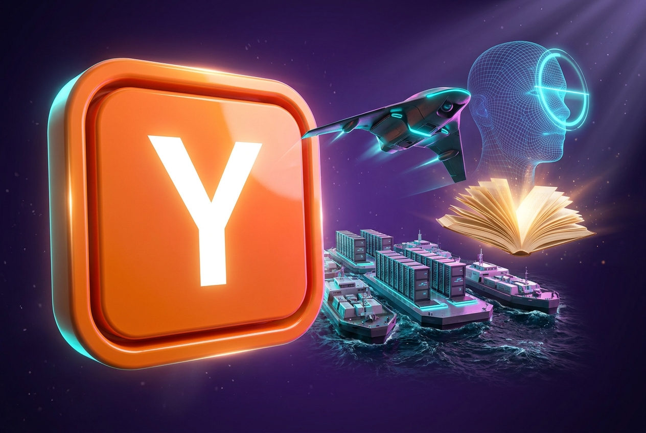Logo de Y Combinator junto a centros de datos flotantes, un dron y un libro luminoso, las ideas de su Request for Startups de 2026