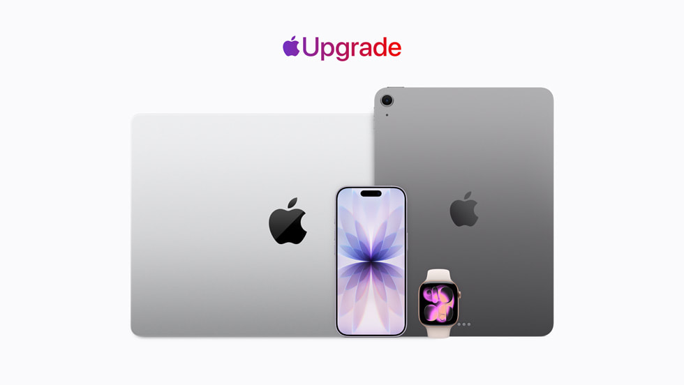 Imagen oficial de Apple Upgrade con MacBook Pro, iPad Pro, iPhone 17 Pro y Apple Watch junto al logotipo de Apple y la palabra Upgrade