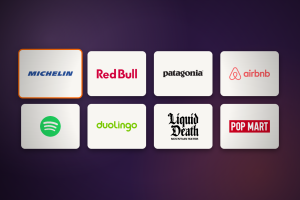 Logos de Michelin, Red Bull, Patagonia, Airbnb, Spotify, Duolingo, Liquid Death y Pop Mart, las marcas analizadas como ejemplos de marketing