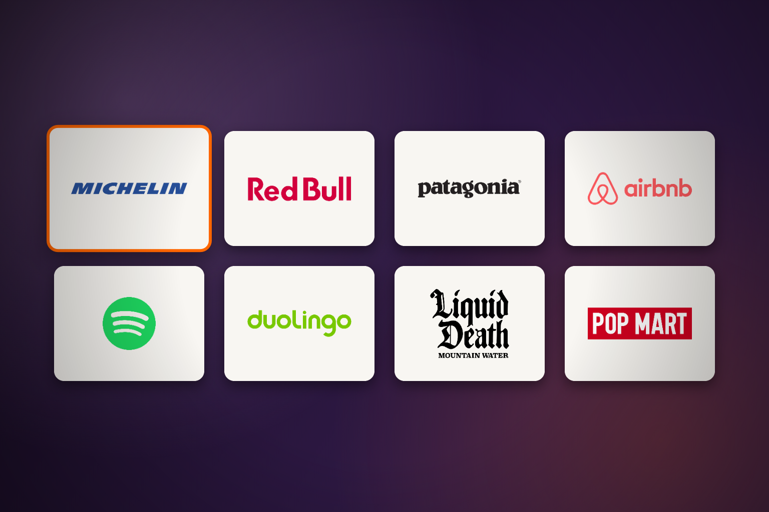 Logos de Michelin, Red Bull, Patagonia, Airbnb, Spotify, Duolingo, Liquid Death y Pop Mart, las marcas analizadas como ejemplos de marketing