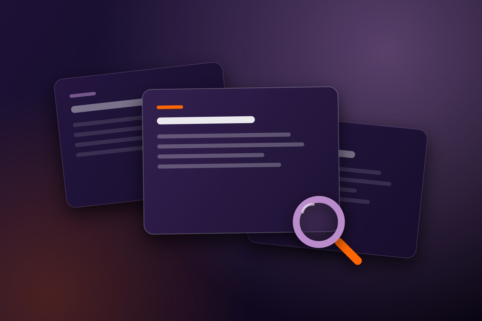 Fichas de glosario de marketing y una lupa sobre fondo violeta y naranja de The Marketing Talker
