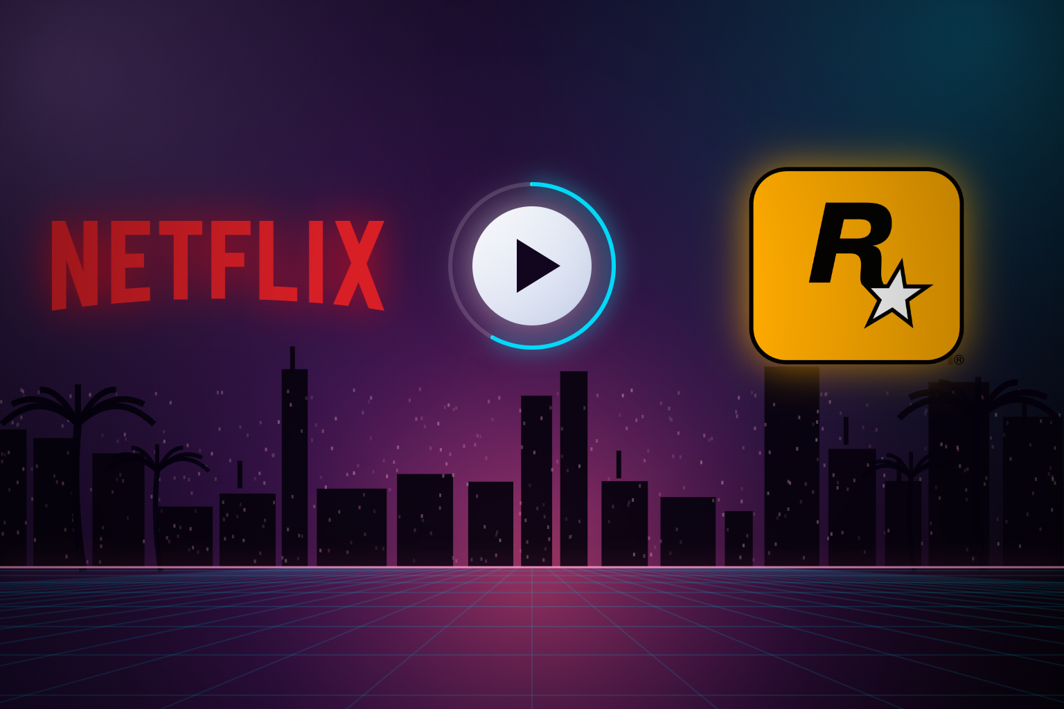 Logos de Netflix y Rockstar Games junto a un botón de reproducción sobre un horizonte neón estilo Vice City, por el estreno del tráiler de GTA 6 en Netflix