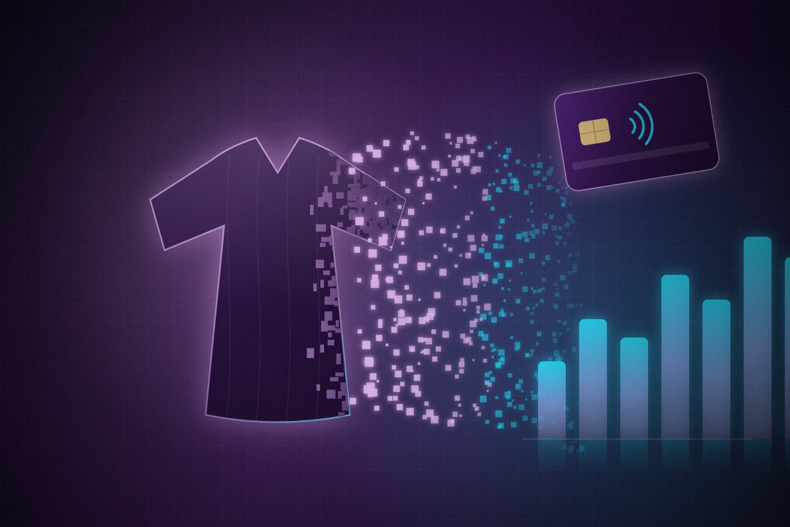 Camiseta deportiva luminosa que se desintegra en partículas de datos y se convierte en un gráfico de barras, junto a una tarjeta de pago contactless