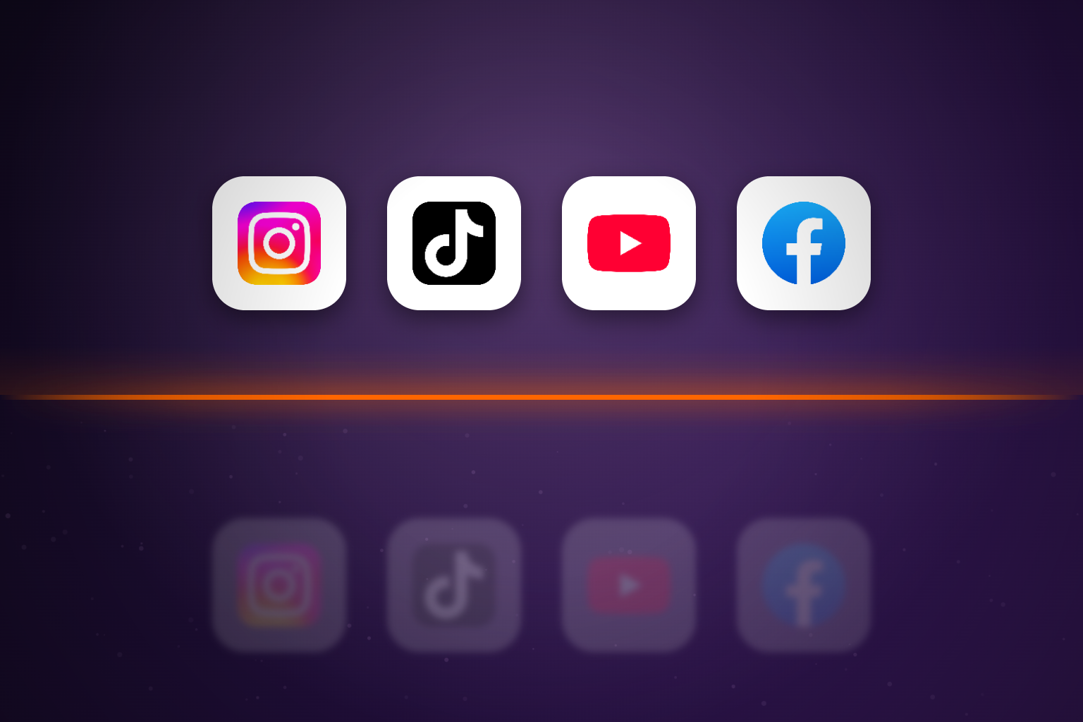 Logos reales de Instagram, TikTok, YouTube y Facebook sobre una barrera naranja, con los mismos iconos difuminados debajo
