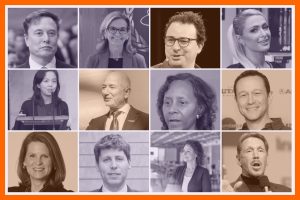 Mosaico con retratos de doce personas de la lista TIME100 AI 2026, entre ellas Elon Musk, Sam Altman, Paris Hilton, Fei-Fei Li y Jeff Bezos