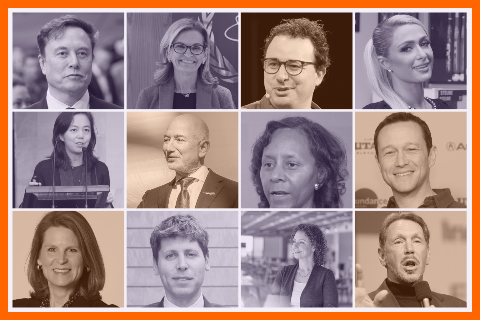 Mosaico con retratos de doce personas de la lista TIME100 AI 2026, entre ellas Elon Musk, Sam Altman, Paris Hilton, Fei-Fei Li y Jeff Bezos