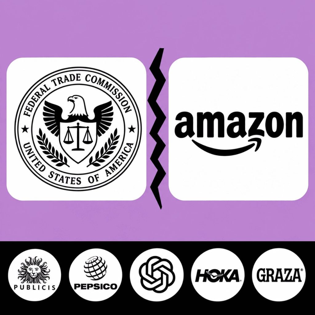 Portada del episodio 001: el sello de la Federal Trade Commission frente al logo de Amazon, separados por un rayo, sobre fondo malva. Debajo, los logos de Publicis, PepsiCo, OpenAI, HOKA y Graza.