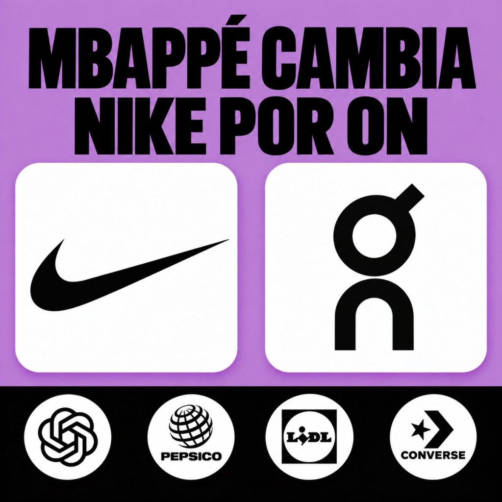 Portada del episodio 003: el titular «Mbappé cambia Nike por On» sobre fondo malva, con los logos de Nike y On. Debajo, los logos de OpenAI, PepsiCo, Lidl y Converse.