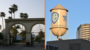 Puerta Melrose de los estudios Paramount en Hollywood junto a la torre de agua de Warner Bros. en Burbank, los dos estudios que el decreto prohíbe vender o cerrar
