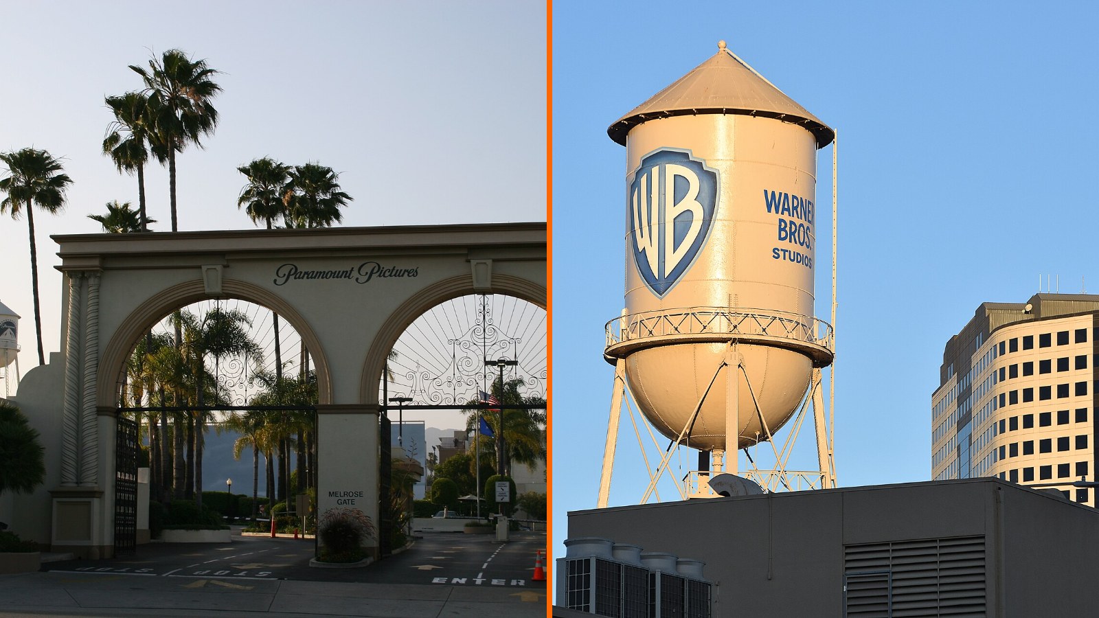 Puerta Melrose de los estudios Paramount en Hollywood junto a la torre de agua de Warner Bros. en Burbank, los dos estudios que el decreto prohíbe vender o cerrar