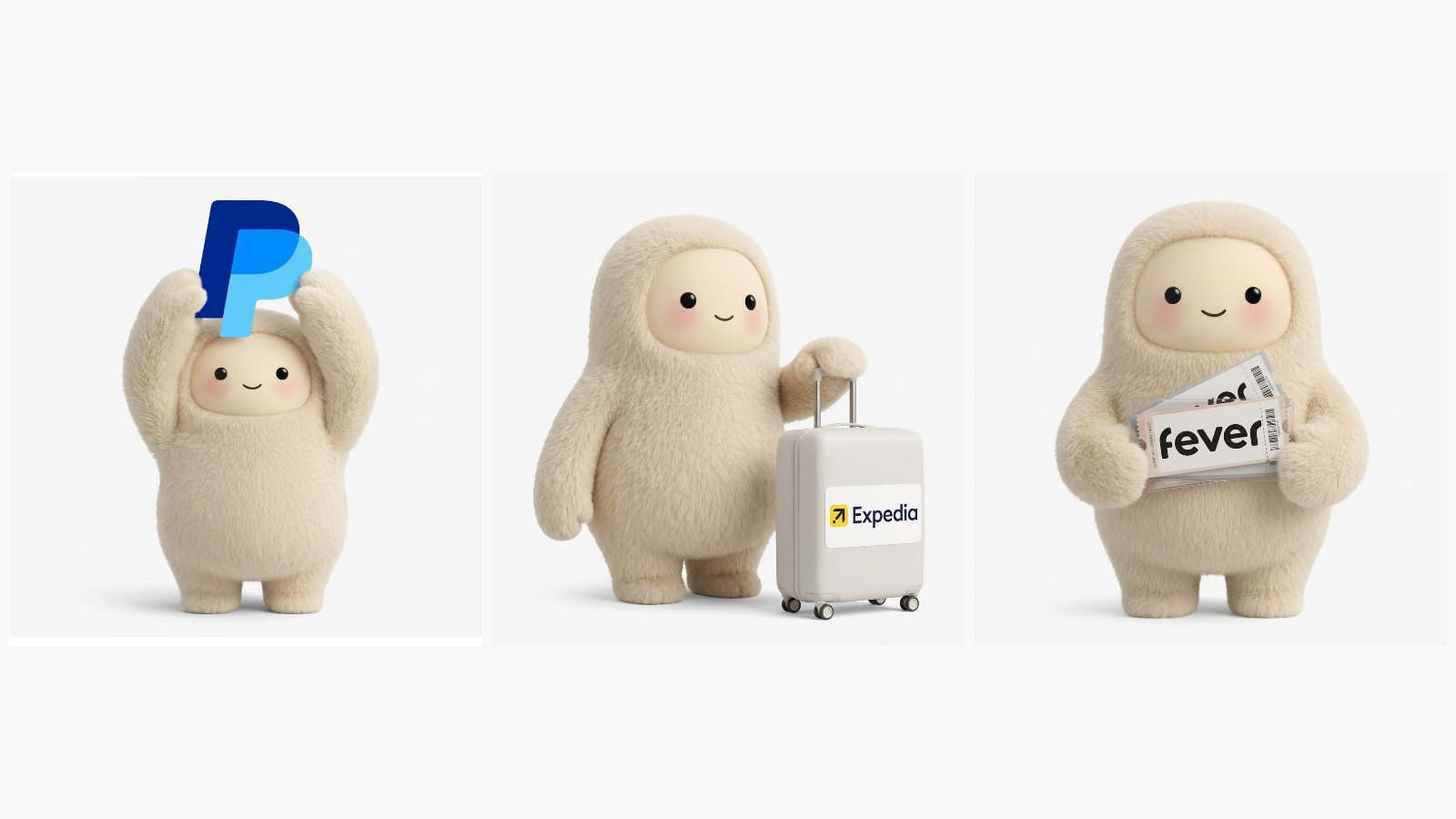 El personaje de Muse, el agente de IA de Meta, sosteniendo el logotipo de PayPal, una maleta de Expedia y entradas de Fever en tres creatividades distintas