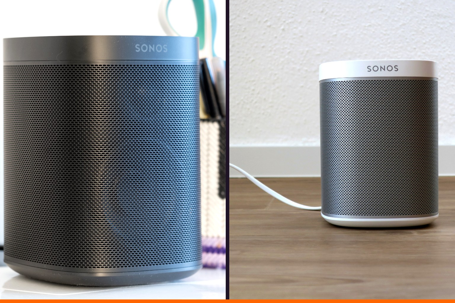 Dos altavoces Sonos en dos habitaciones distintas, un Sonos One sobre un escritorio y un Play:1 en el suelo, ilustrando la idea de sistema de sonido para toda la casa