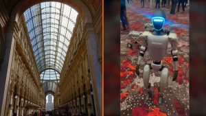 Díptico: el eje central de la Galleria Vittorio Emanuele II de Milán, escenario de Vogue World Milano, junto a un robot humanoide Unitree G1 de cuerpo entero
