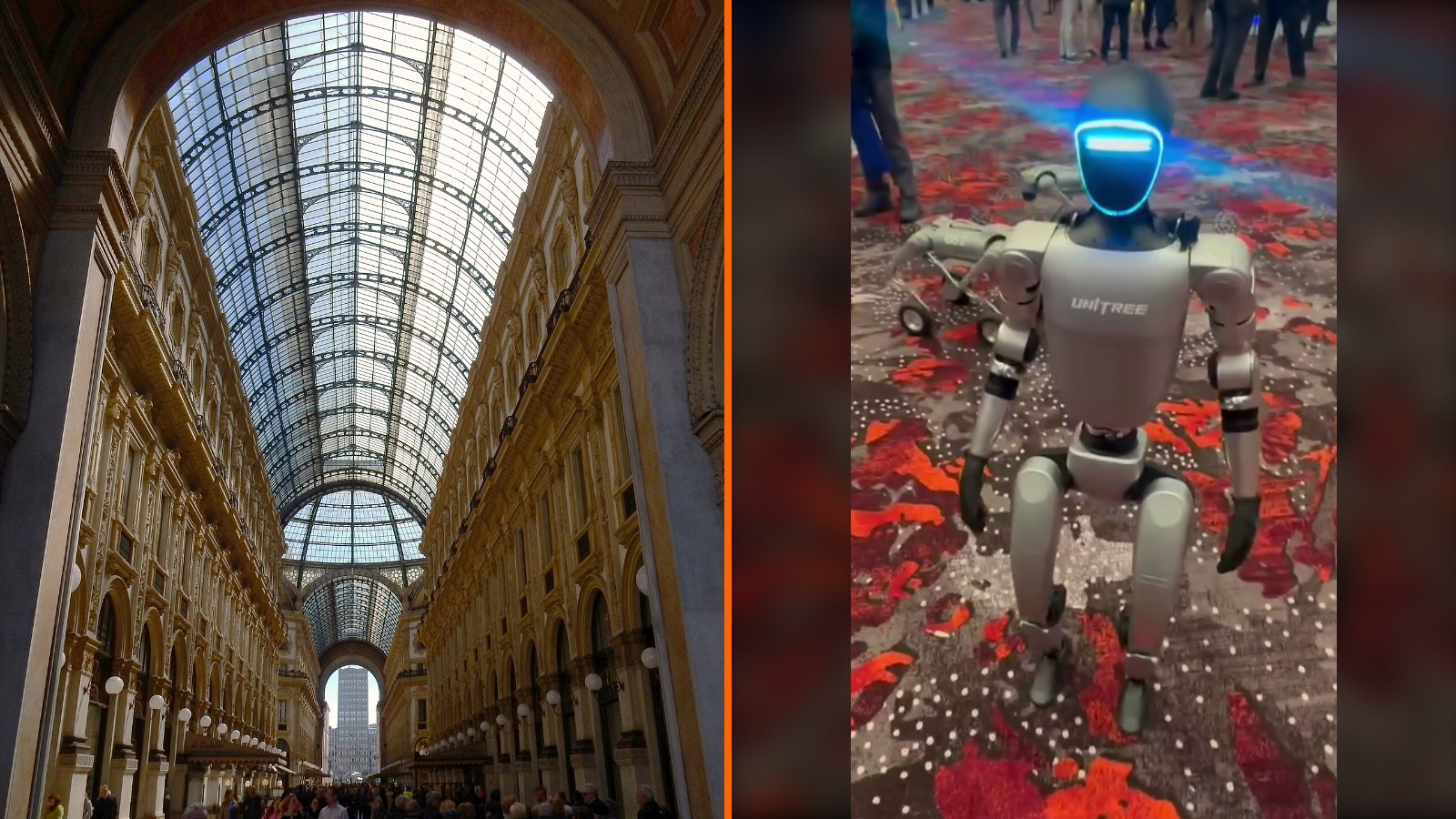 Díptico: el eje central de la Galleria Vittorio Emanuele II de Milán, escenario de Vogue World Milano, junto a un robot humanoide Unitree G1 de cuerpo entero