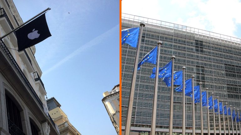 Bandera con el logo de Apple en la fachada del Apple Store de la Puerta del Sol de Madrid junto a las banderas de la Unión Europea frente al edificio Berlaymont de la Comisión Europea en Bruselas