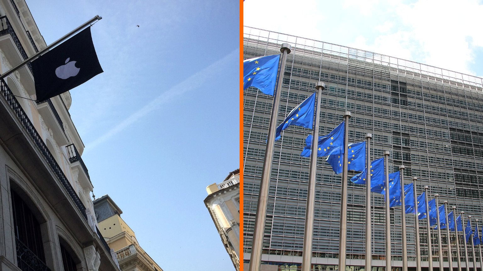 Bandera con el logo de Apple en la fachada del Apple Store de la Puerta del Sol de Madrid junto a las banderas de la Unión Europea frente al edificio Berlaymont de la Comisión Europea en Bruselas