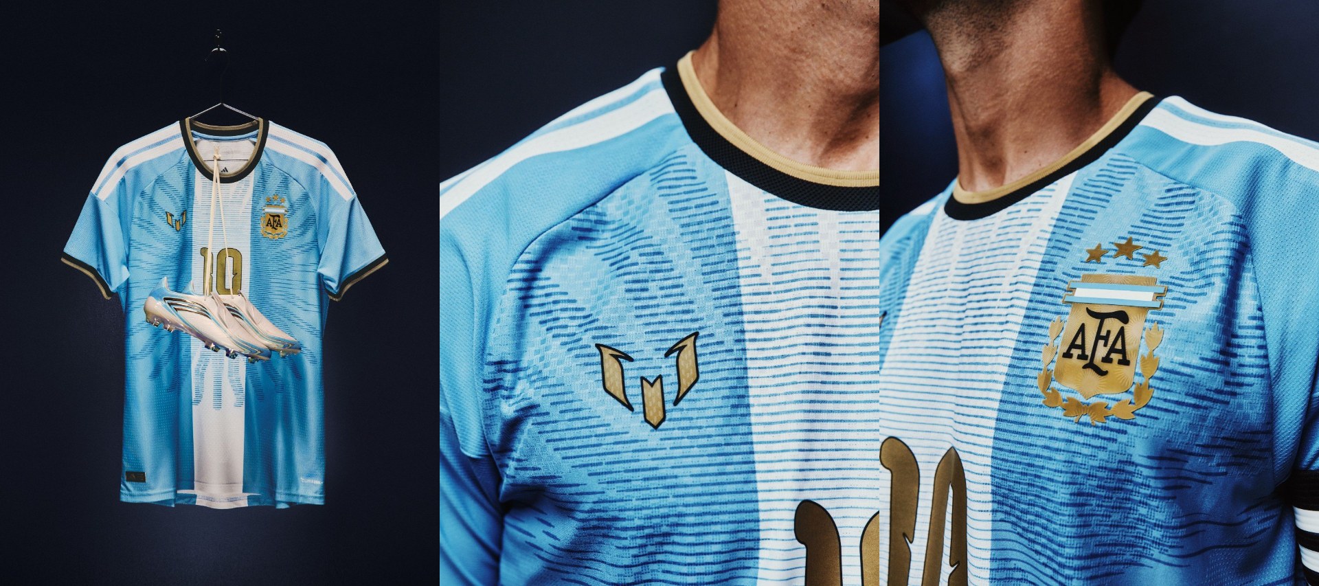 Camiseta de despedida de Messi con Argentina: camiseta con botas, emblema M dorado y escudo de la AFA con tres estrellas