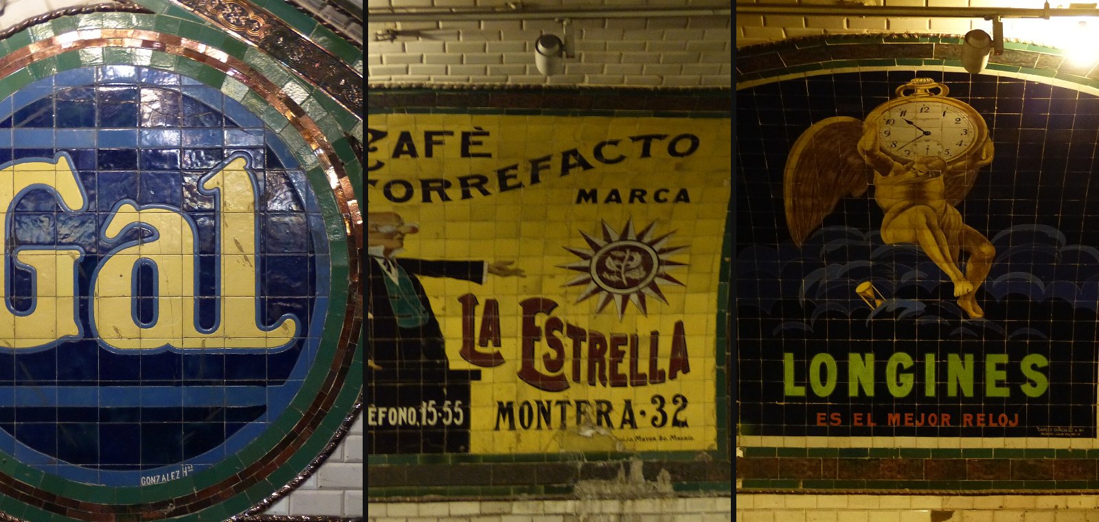 Tres anuncios publicitarios de azulejo conservados en la estación de Chamberí: Gal, Café La Estrella y Longines