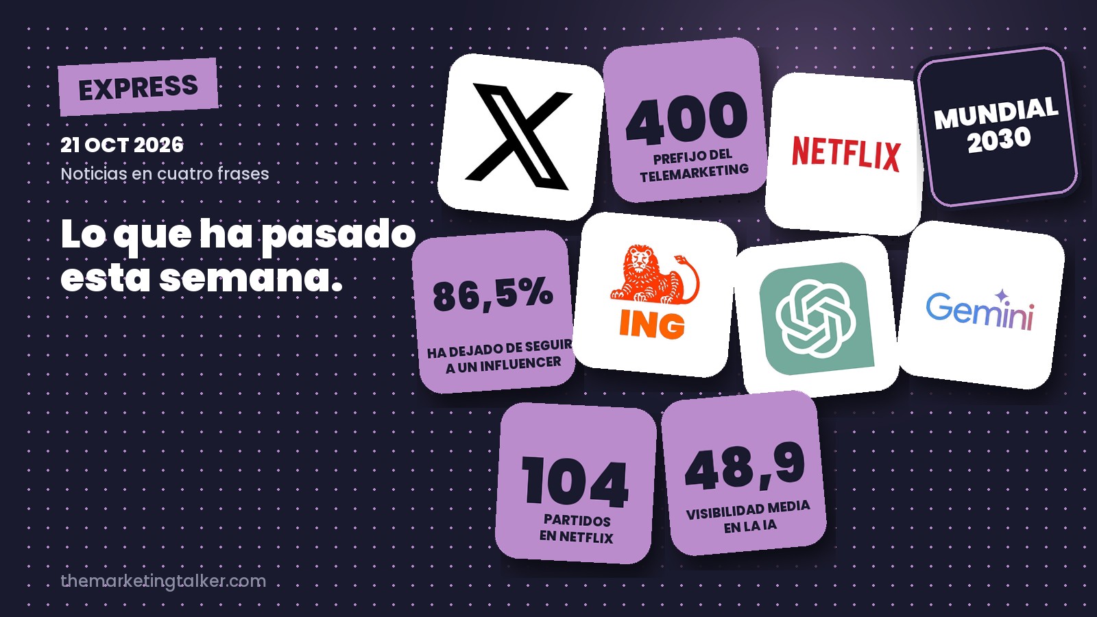 Collage de la Express del 21 de octubre de 2026: X, prefijo 400, Netflix y el Mundial 2030, 86,5 % de usuarios que han dejado de seguir a un influencer, ING, ChatGPT y Gemini