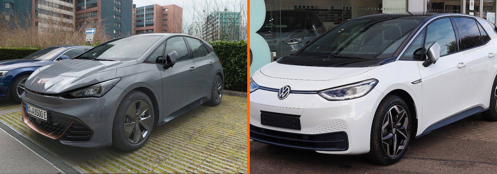 Cupra Born gris y Volkswagen ID.3 blanco, dos eléctricos construidos sobre la misma plataforma MEB