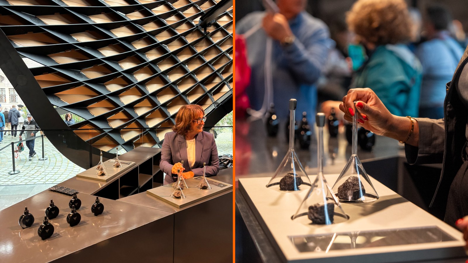 Barra olfativa de Cupra Scent en la IAA de Múnich y visitantes oliendo las piedras perfumadas