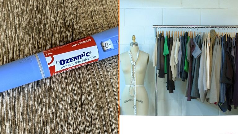 Díptico: una pluma inyectable de Ozempic junto a un maniquí de costura con cinta métrica y un burro de ropa colgada