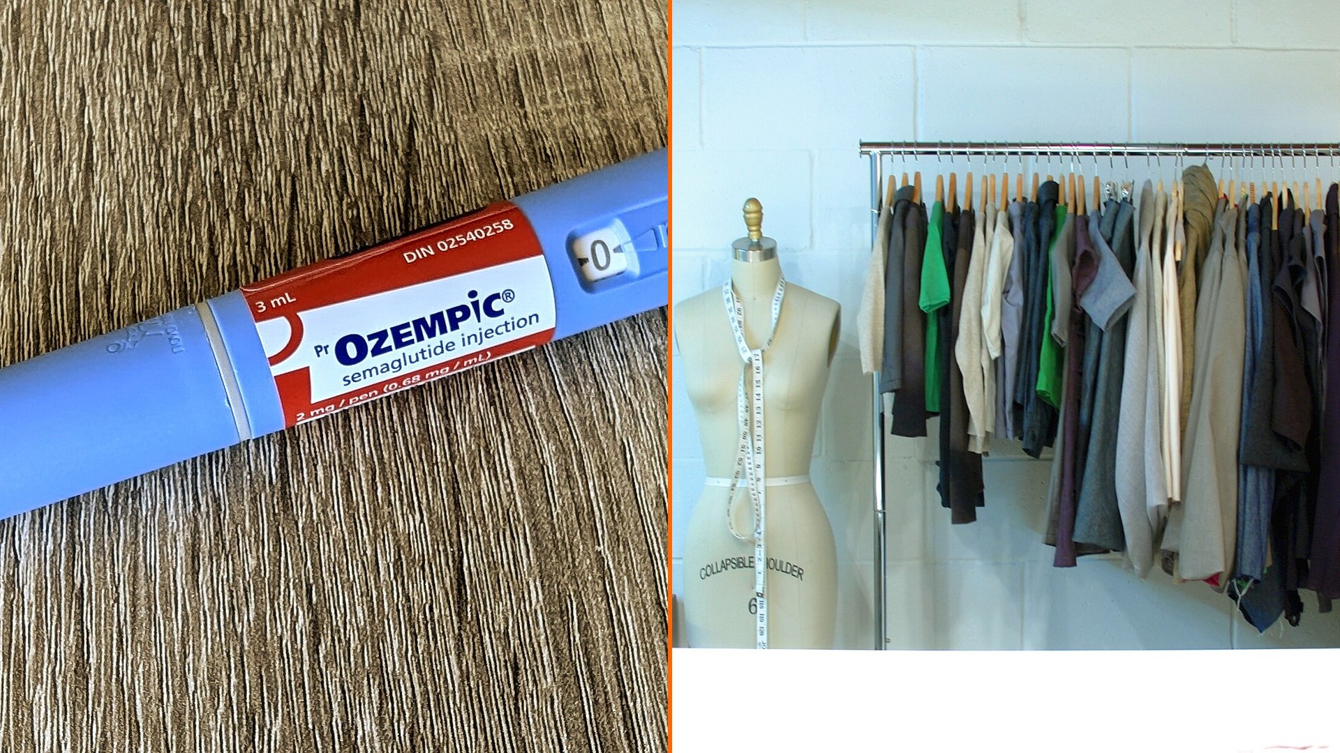 Díptico: una pluma inyectable de Ozempic junto a un maniquí de costura con cinta métrica y un burro de ropa colgada