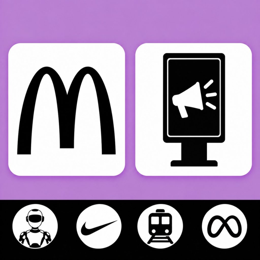 Portada del episodio 004: los arcos de McDonald's y una pantalla publicitaria con un megáfono, sobre fondo malva. Debajo, un robot, el logo de Nike, un tren y el logo de Meta.