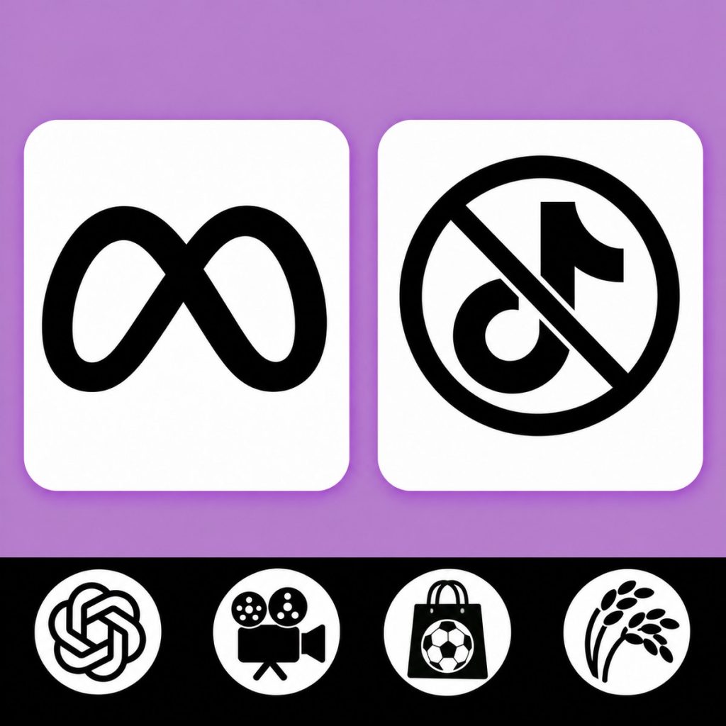 Portada del episodio 006: el logo de Meta y el logo de TikTok tachado, sobre fondo malva. Debajo, los iconos de OpenAI, una cámara de cine, una bolsa con un balón y unas espigas de arroz.